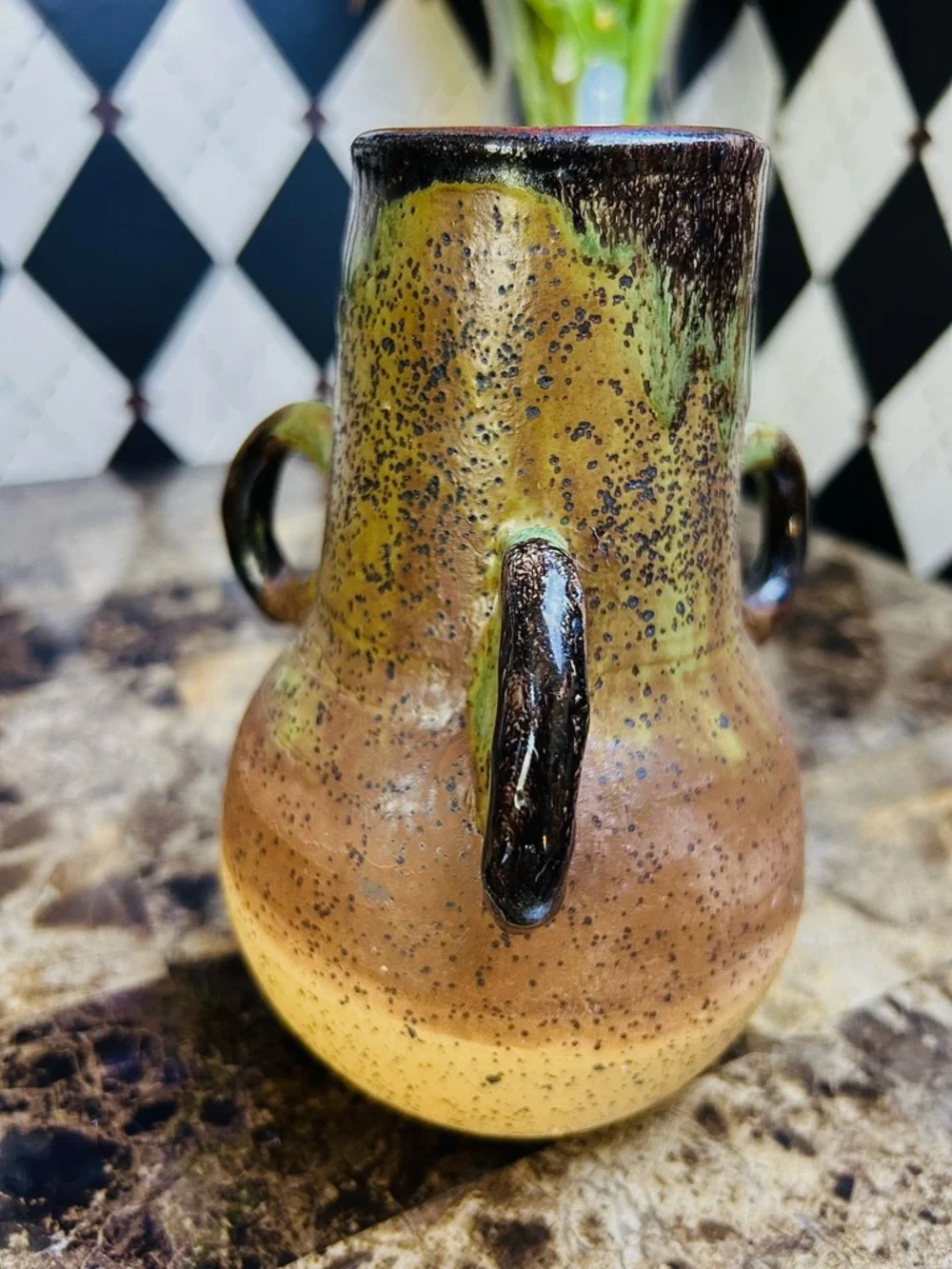Triple Handle Studio Pottery Vase Signed Speckled Earth‎ Tone Rustic Green Beige